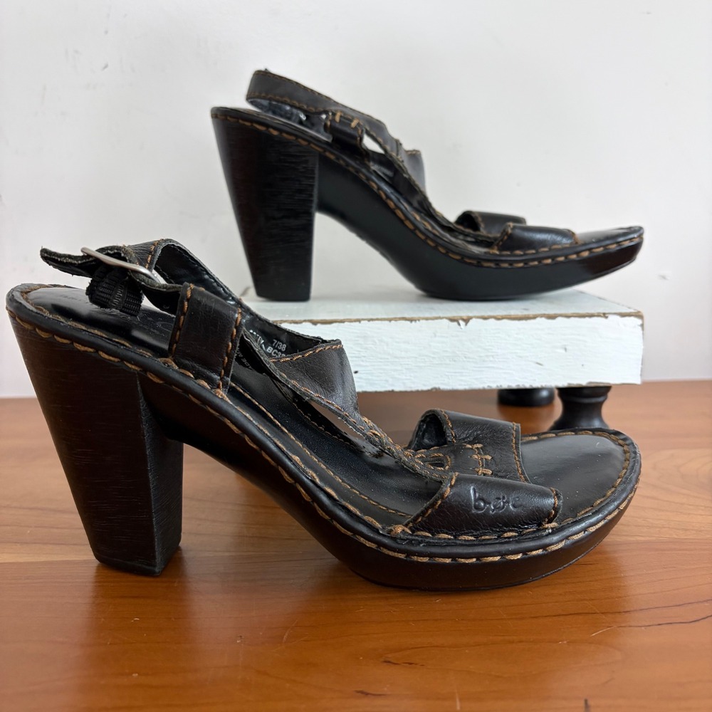B.O.C. Concept Black Leather Platform Sandals Strappy Block Heel Size 7/38